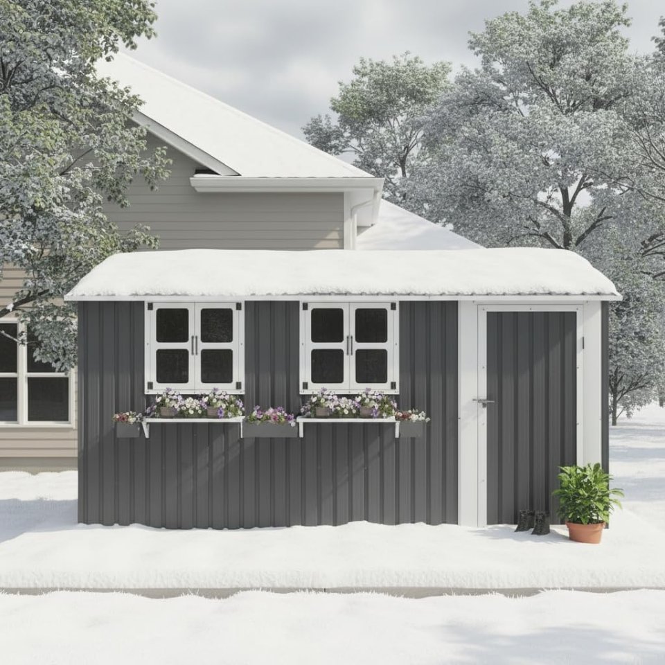 Abri de jardin en métal 12x10 FT avec 3 fenêtres claires, étagère à fleurs et porte verrouillable – Abri à outils étanche et robuste