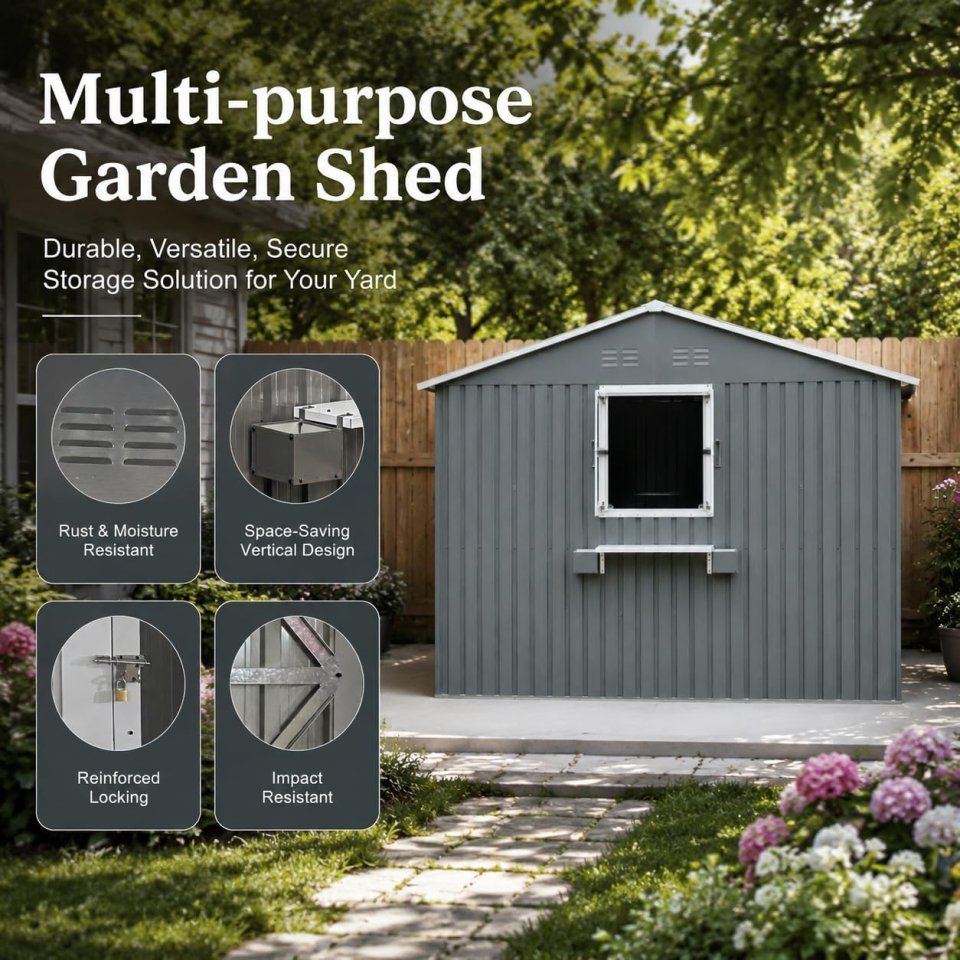 Abri de jardin en métal 12x10 FT avec 3 fenêtres claires, étagère à fleurs et porte verrouillable – Abri à outils étanche et robuste