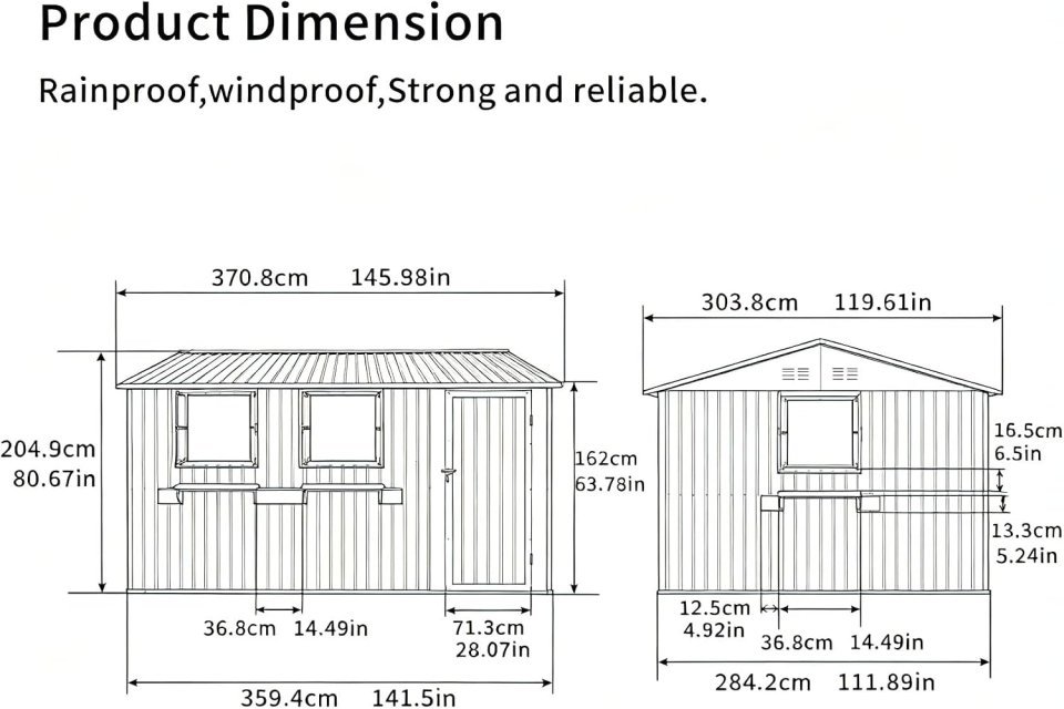 Abri de jardin en métal 12x10 FT avec 3 fenêtres claires, étagère à fleurs et porte verrouillable – Abri à outils étanche et robuste