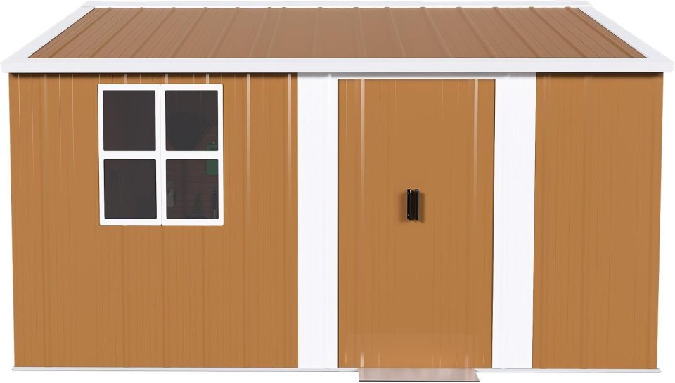 Galpão de Armazenamento Metálico Premium 12 ft x 10 ft com Janelas, Prateleira para Flores e Porta Trancável