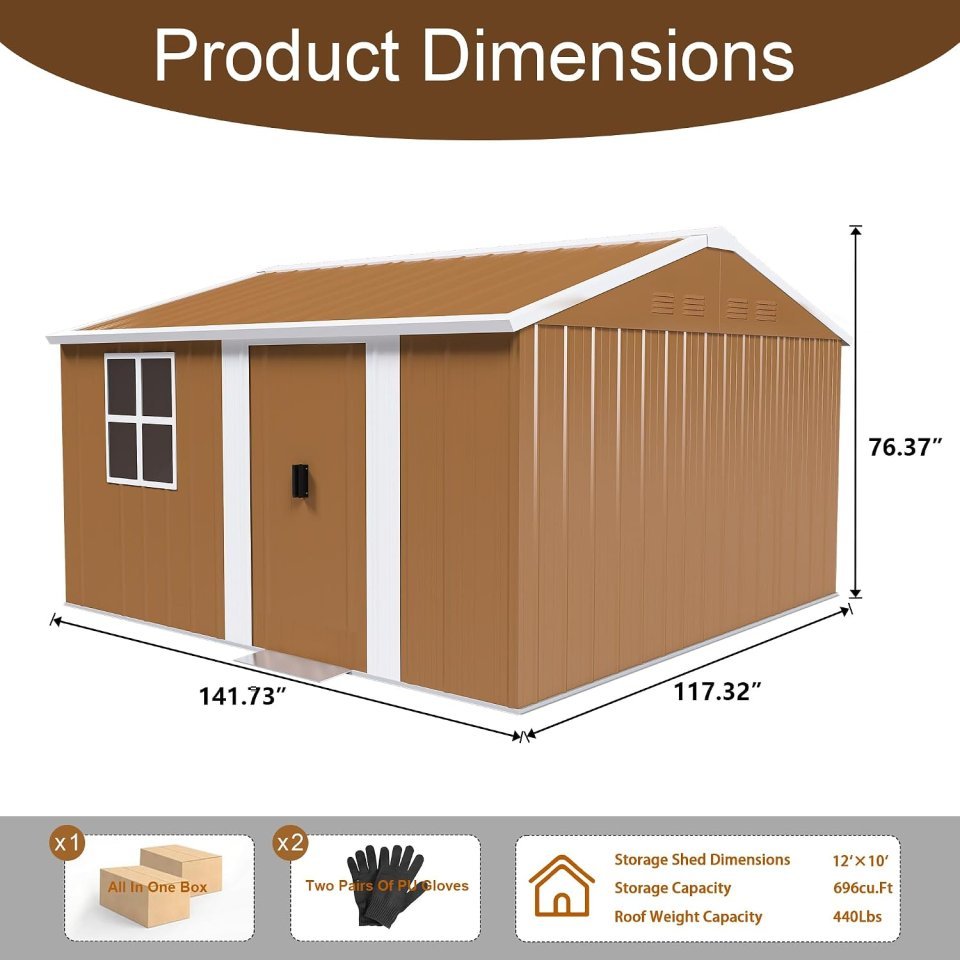 Galpão de Armazenamento Metálico Premium 12 ft x 10 ft com Janelas, Prateleira para Flores e Porta Trancável