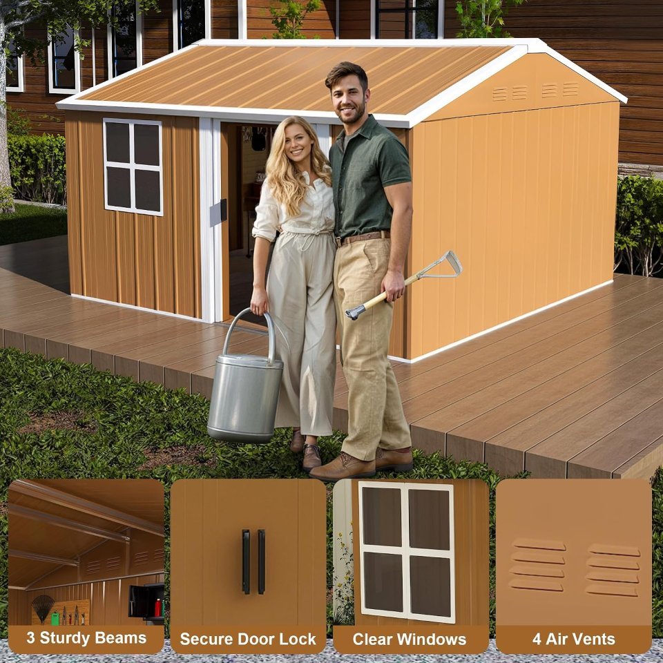Galpão de Armazenamento Metálico Premium 12 ft x 10 ft com Janelas, Prateleira para Flores e Porta Trancável