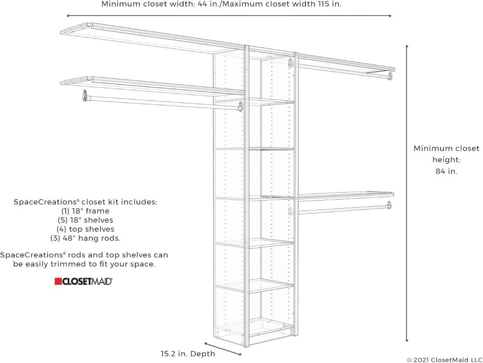 Kit Organizzatore per Armadio in Legno ClosetMaid SpaceCreations 44"–115", Bianco Brillante